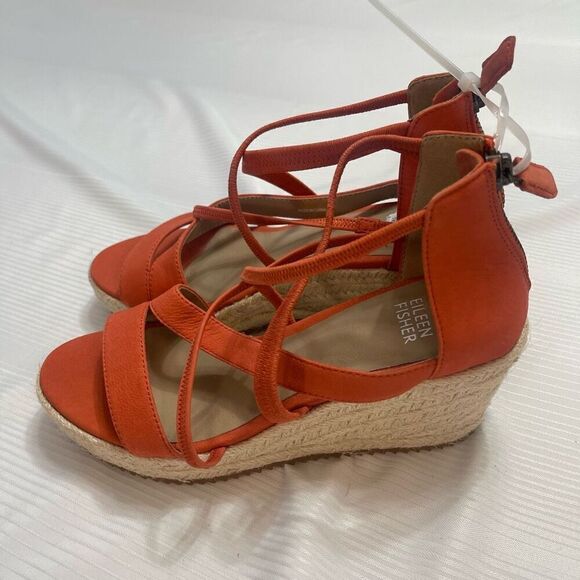 Eileen Fisher Wanda Wedge Strappy Sandals Orange Leather Zip Back Size 6 New - Picture 5 of 9